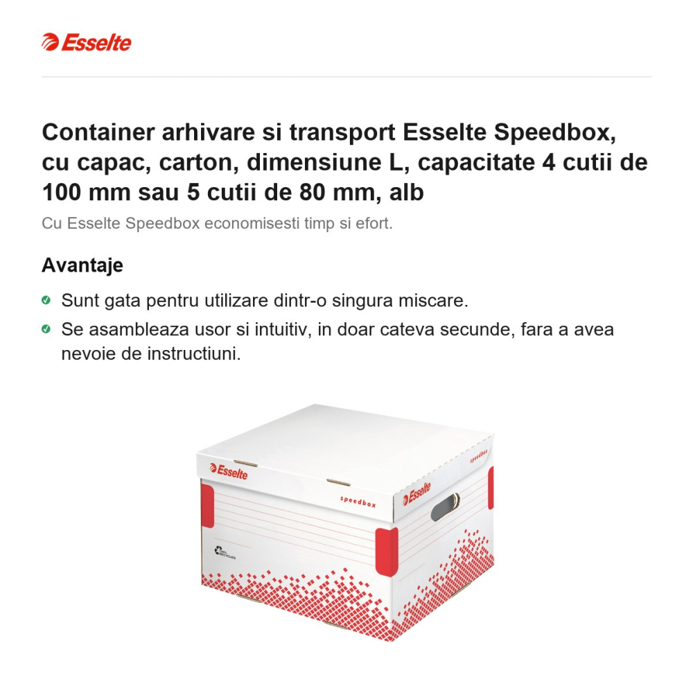 Container arhivare si transport Esselte Speedbox, cu capac, carton, dimensiune L, capacitate 4 cutii de 100 mm sau 5 cutii de 80 mm, alb [2]