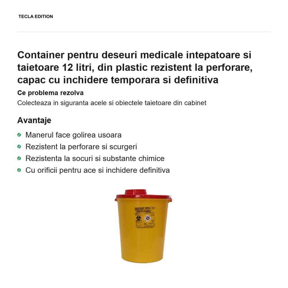 Container pentru deseuri medicale intepatoare si taietoare 12 litri, din plastic rezistent la perforare, capac cu inchidere temporara si definitiva [2]