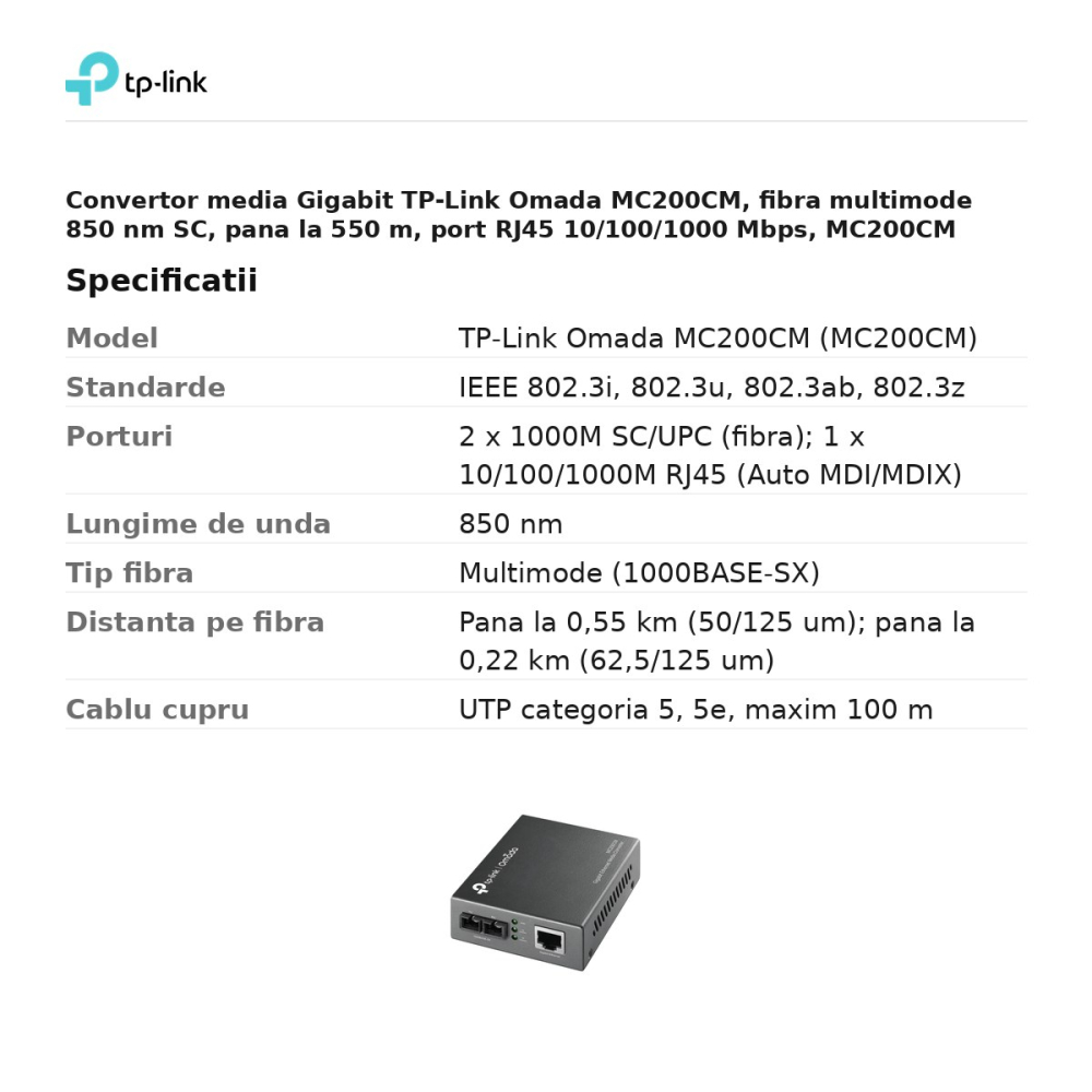 Convertor media Gigabit TP-Link Omada MC200CM, fibra multimode 850 nm SC, pana la 550 m, port RJ45 10/100/1000 Mbps, MC200CM [3]