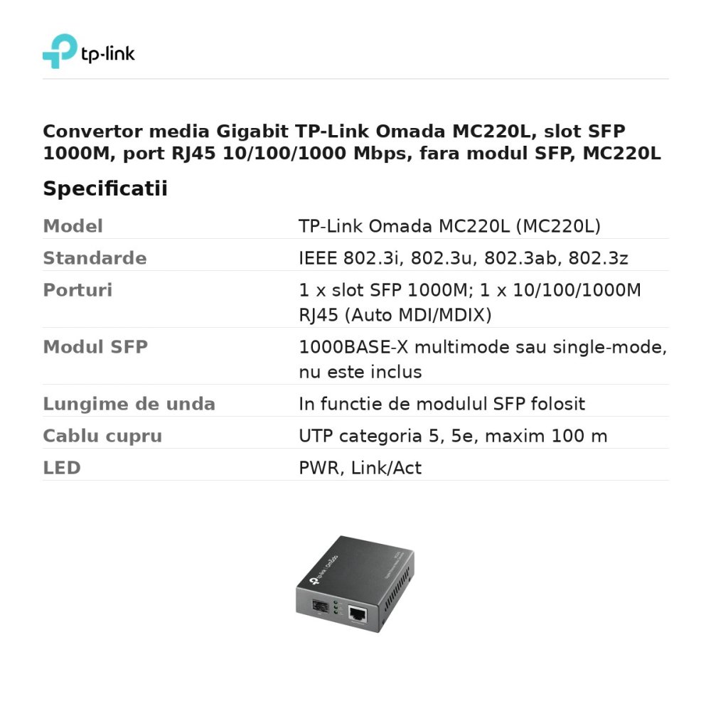 Convertor media Gigabit TP-Link Omada MC220L, slot SFP 1000M, port RJ45 10/100/1000 Mbps, fara modul SFP, MC220L [3]