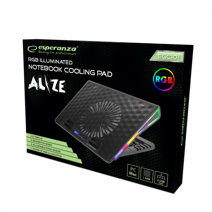 Cooler Laptop Esperanza Alize, iluminare RGB 7 moduri, display LCD, Hub 2 port USB, 5 unghiuri de reglare, negru [5]