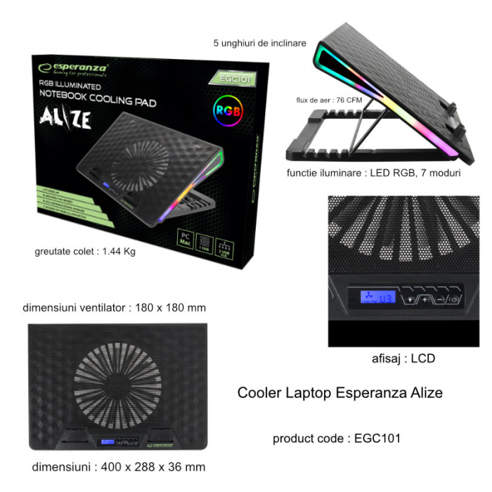 Cooler Laptop Esperanza Alize, iluminare RGB 7 moduri, display LCD, Hub 2 port USB, 5 unghiuri de reglare, negru [6]