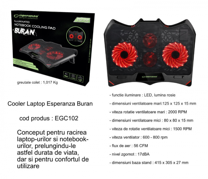 Cooler Laptop Esperanza Buran, iluminare Led, 4 ventilatoare, 2 port USB, pozitie reglabila, negru [5]