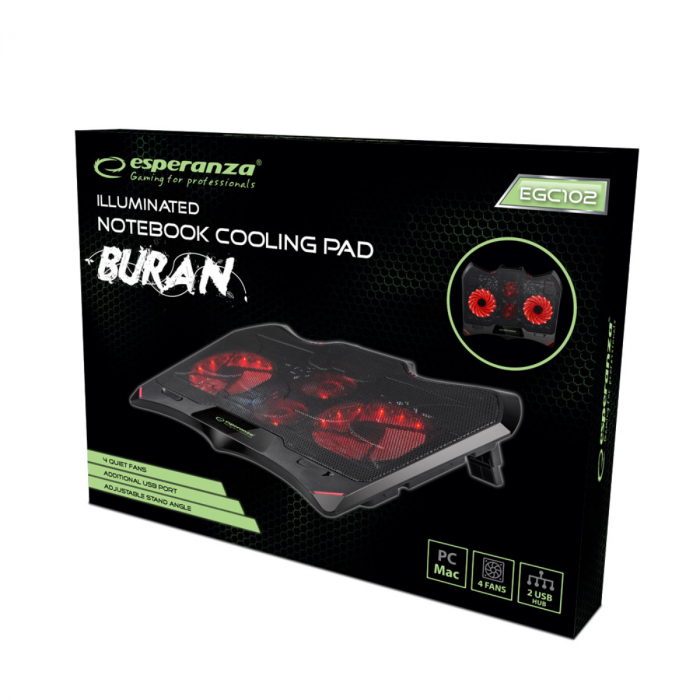 Cooler Laptop Esperanza Buran, iluminare Led, 4 ventilatoare, 2 port USB, pozitie reglabila, negru [4]