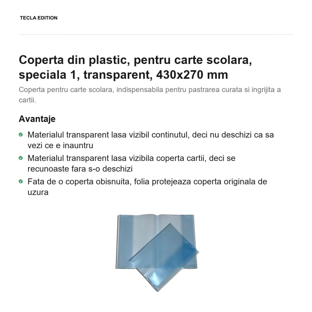Coperta din plastic, pentru carte scolara, speciala 1, transparent, 430x270 mm [2]