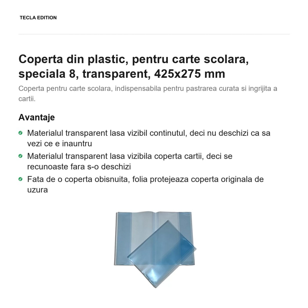 Coperta din plastic, pentru carte scolara, speciala 8, transparent, 425x275 mm [2]