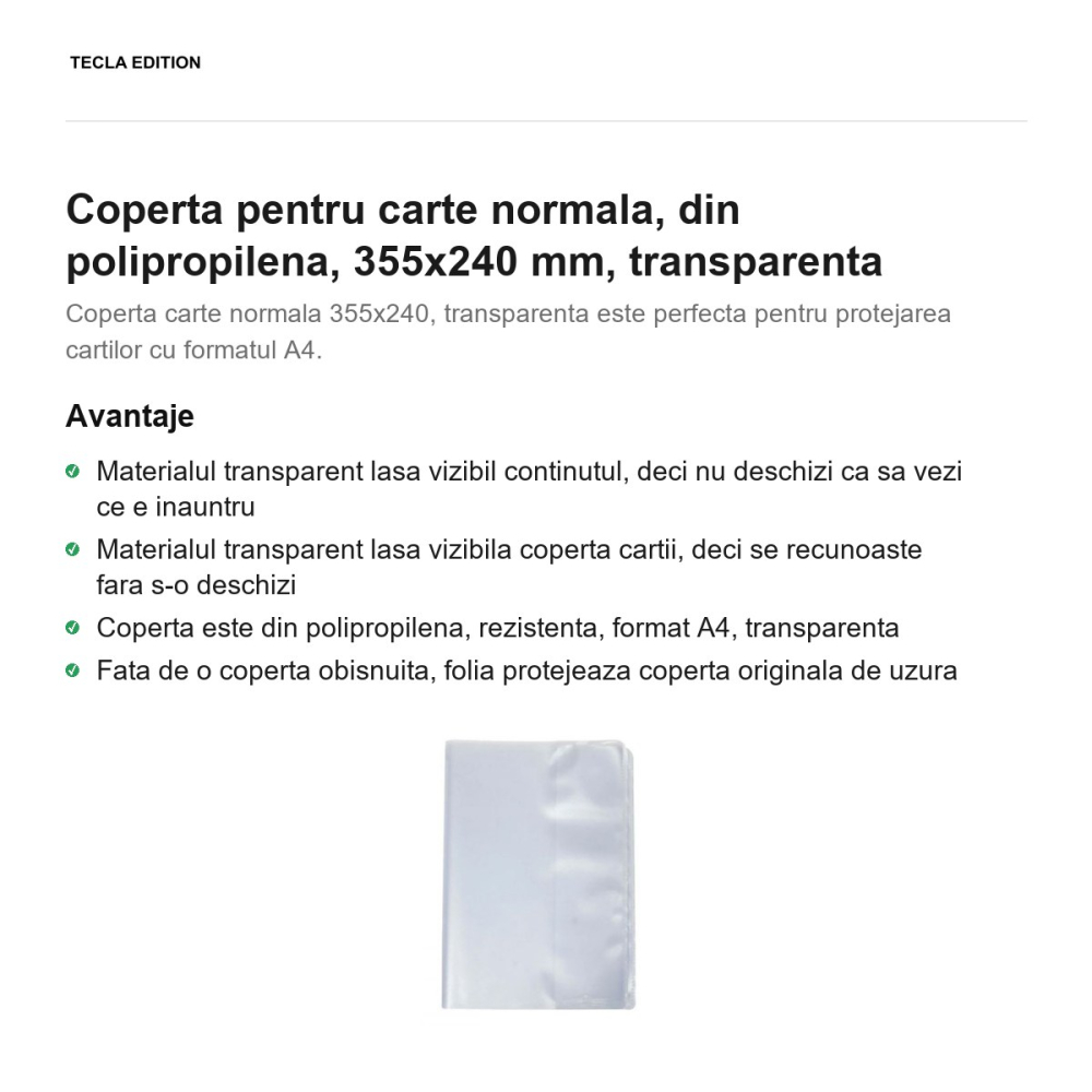 Coperta pentru carte normala, din polipropilena, 355x240 mm, transparenta [2]