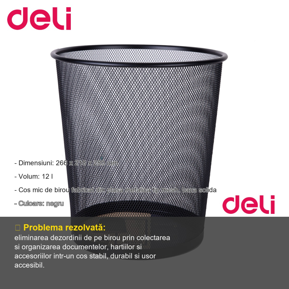 Cos de birou Deli, plasa metalica mesh, negru, volum 12 l, pentru organizare documente si accesorii [2]