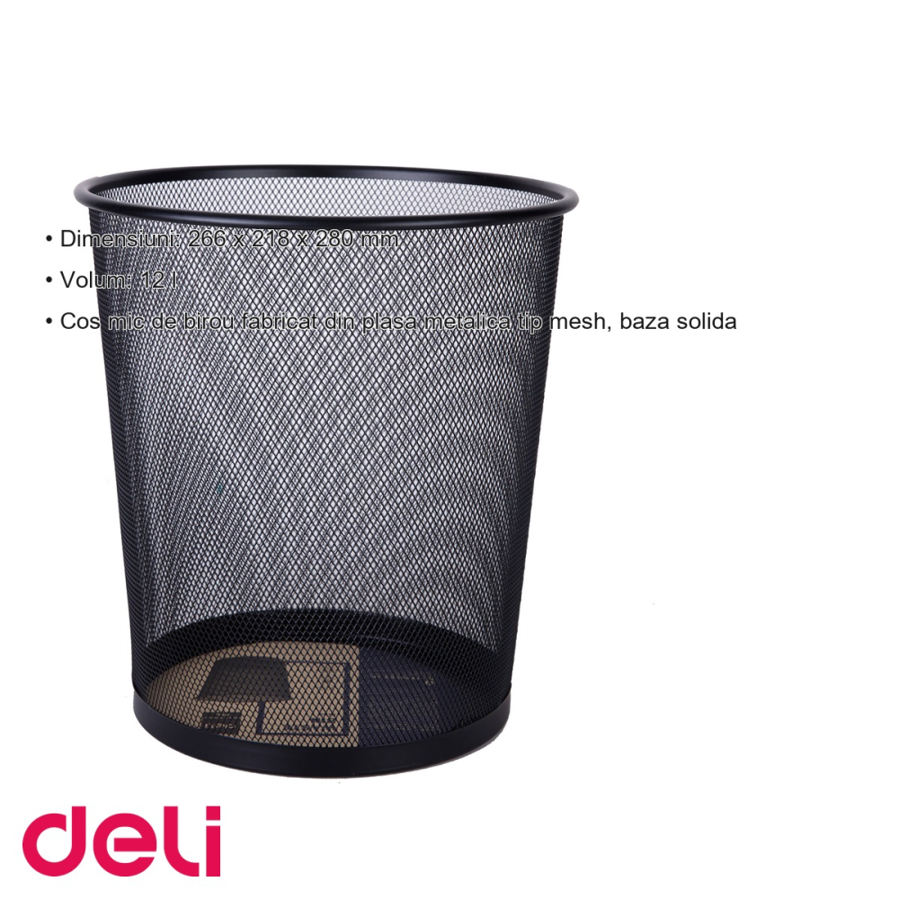 Cos de birou Deli, plasa metalica mesh, negru, volum 12 l, pentru organizare documente si accesorii [3]