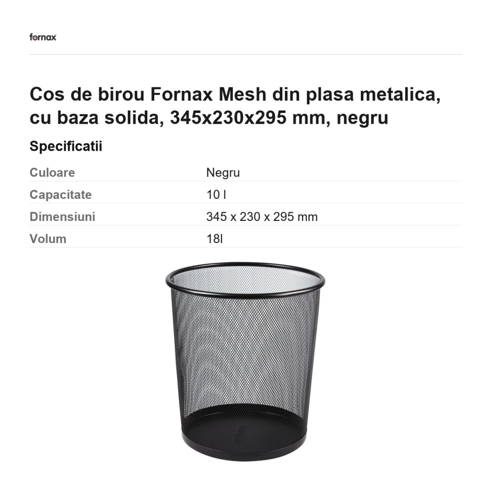 Cos de birou Fornax Mesh din plasa metalica, cu baza solida, 345x230x295 mm, negru [3]