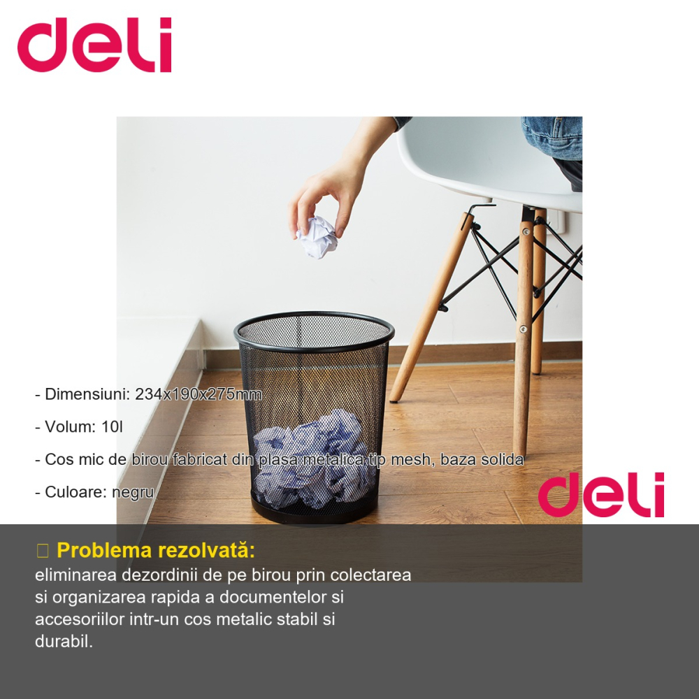 Cos de birou mic Deli, plasa metalica mesh, negru, 10 litri, organizare documente si accesorii [2]
