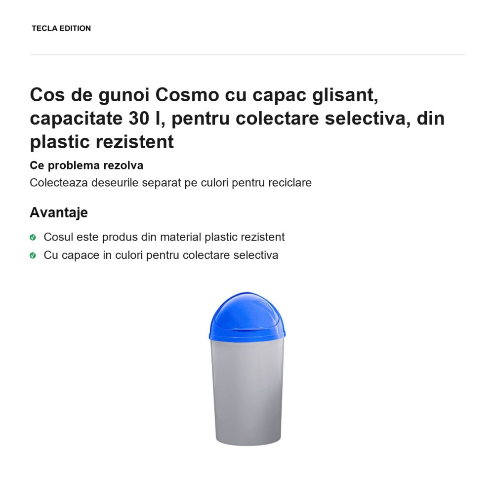 Cos de gunoi Cosmo cu capac glisant, capacitate 30 l, pentru colectare selectiva, din plastic rezistent [2]