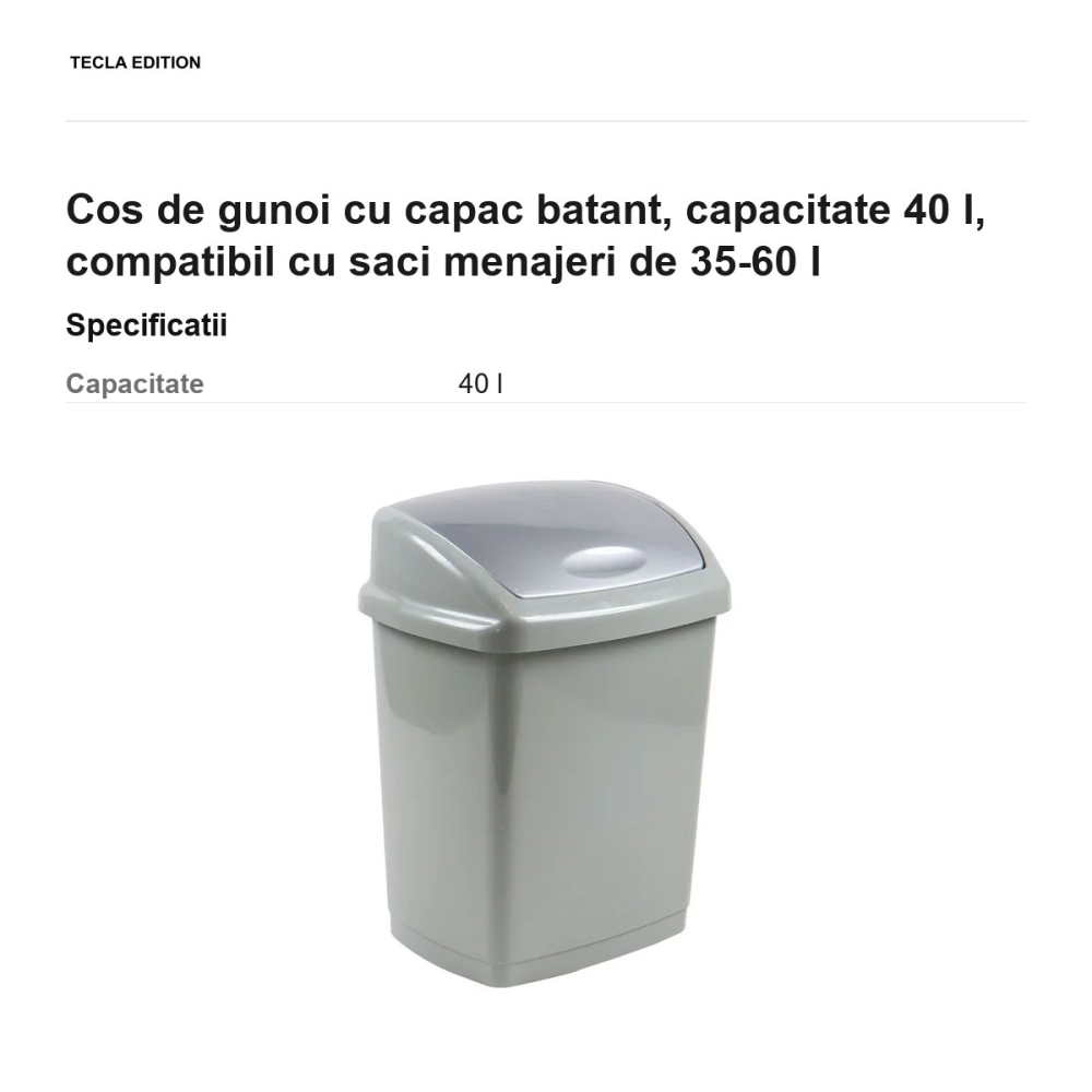 Cos de gunoi cu capac batant, capacitate 40 l, compatibil cu saci menajeri de 35-60 l [3]