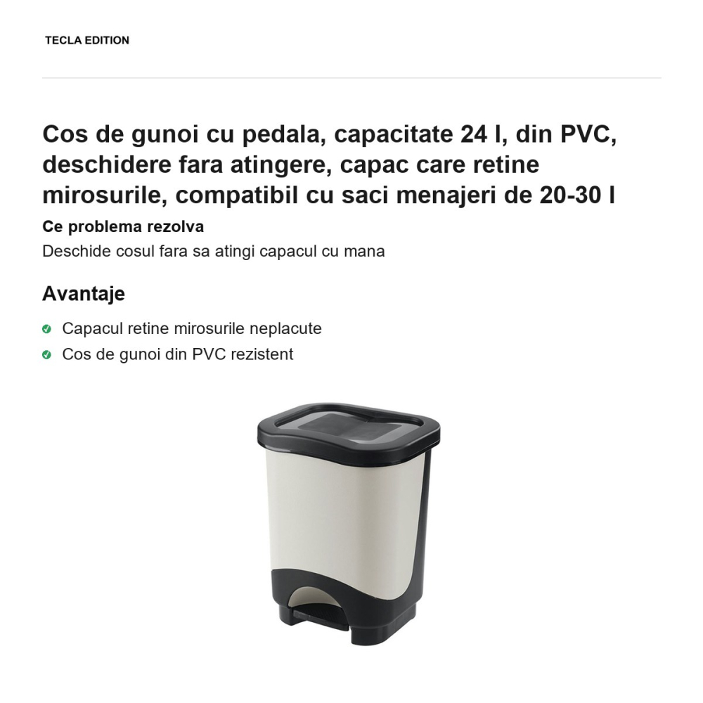 Cos de gunoi cu pedala, capacitate 24 l, din PVC, deschidere fara atingere, capac care retine mirosurile, compatibil cu saci menajeri de 20-30 l [2]