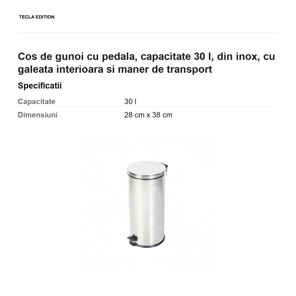 Cos de gunoi cu pedala, capacitate 30 l, din inox, cu galeata interioara si maner de transport [3]
