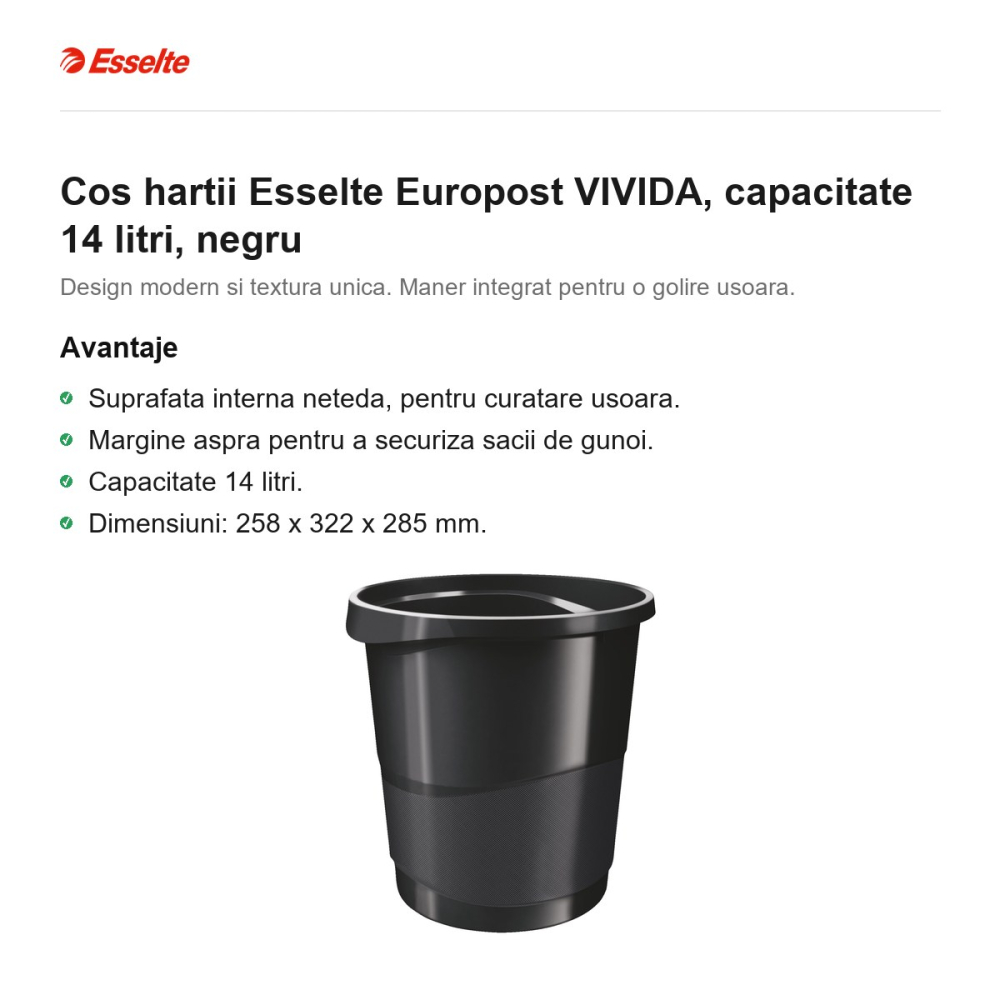 Cos hartii Esselte Europost VIVIDA, capacitate 14 litri, negru [2]