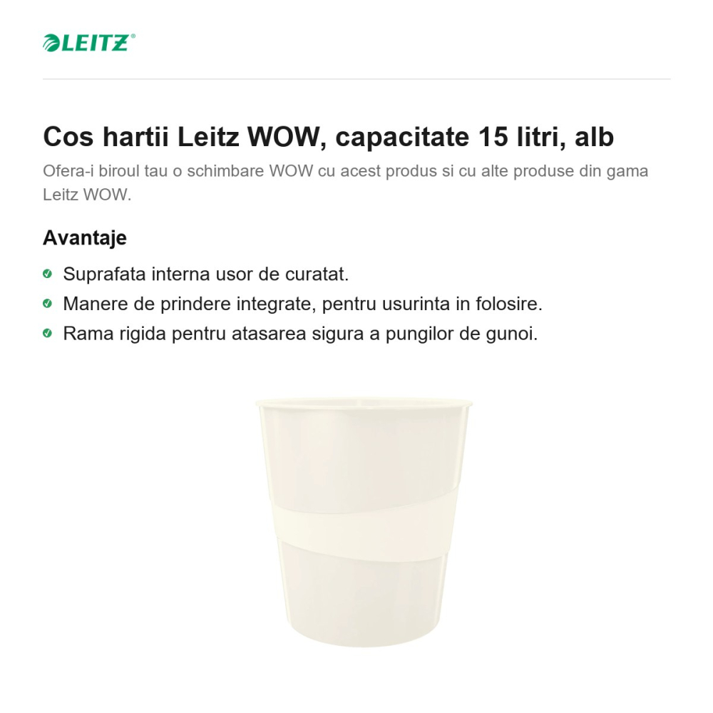 Cos hartii Leitz WOW, capacitate 15 litri, alb [2]