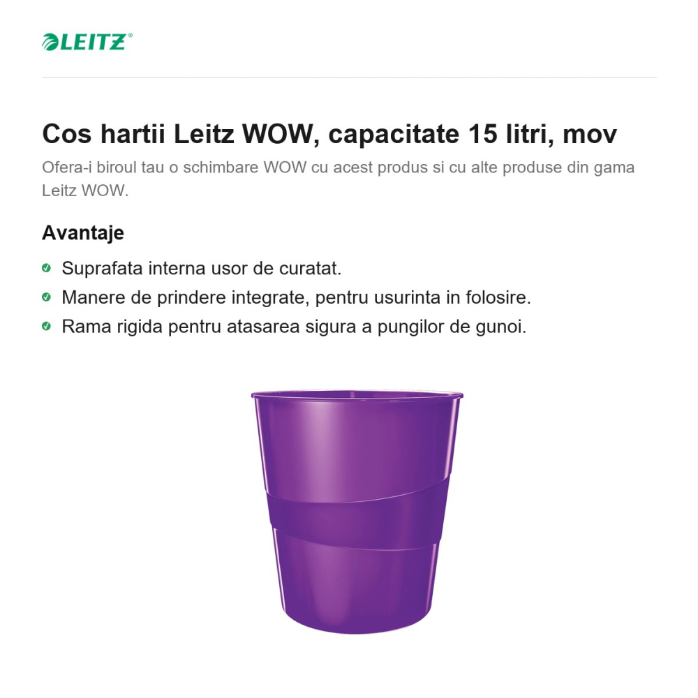 Cos hartii Leitz WOW, capacitate 15 litri, mov [2]