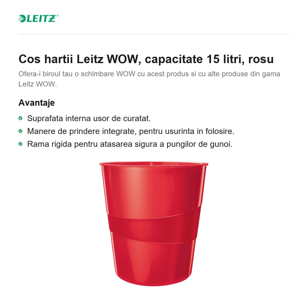 Cos hartii Leitz WOW, capacitate 15 litri, rosu [2]