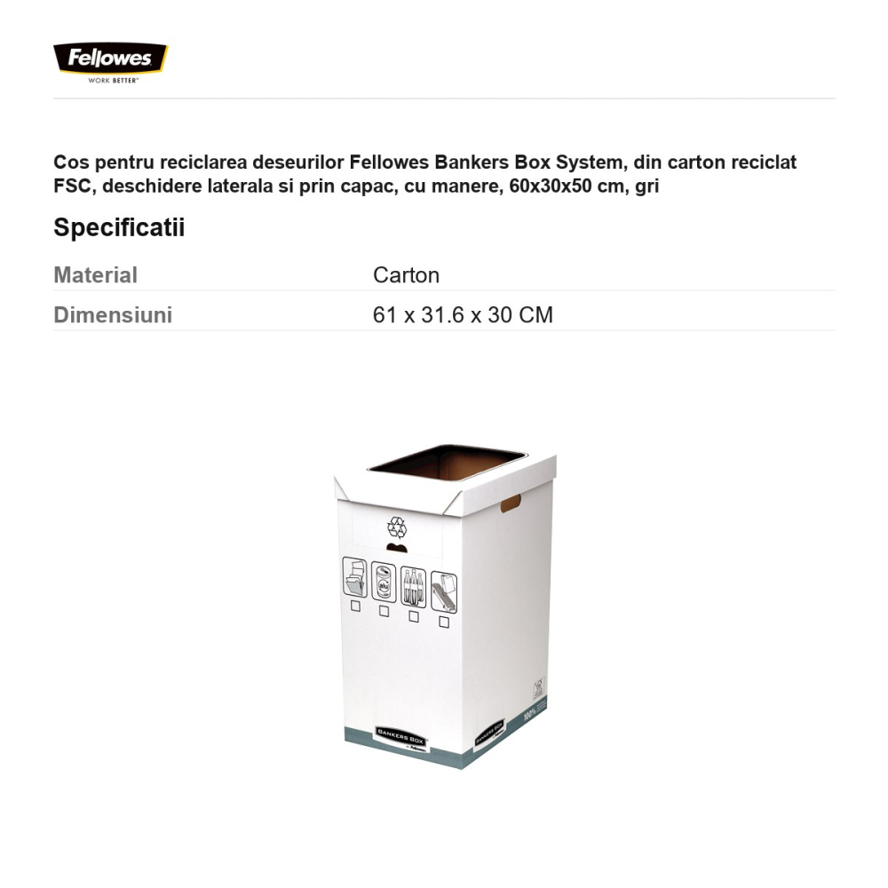 Cos pentru reciclarea deseurilor Fellowes Bankers Box System, din carton reciclat FSC, deschidere laterala si prin capac, cu manere, 60x30x50 cm, gri [3]