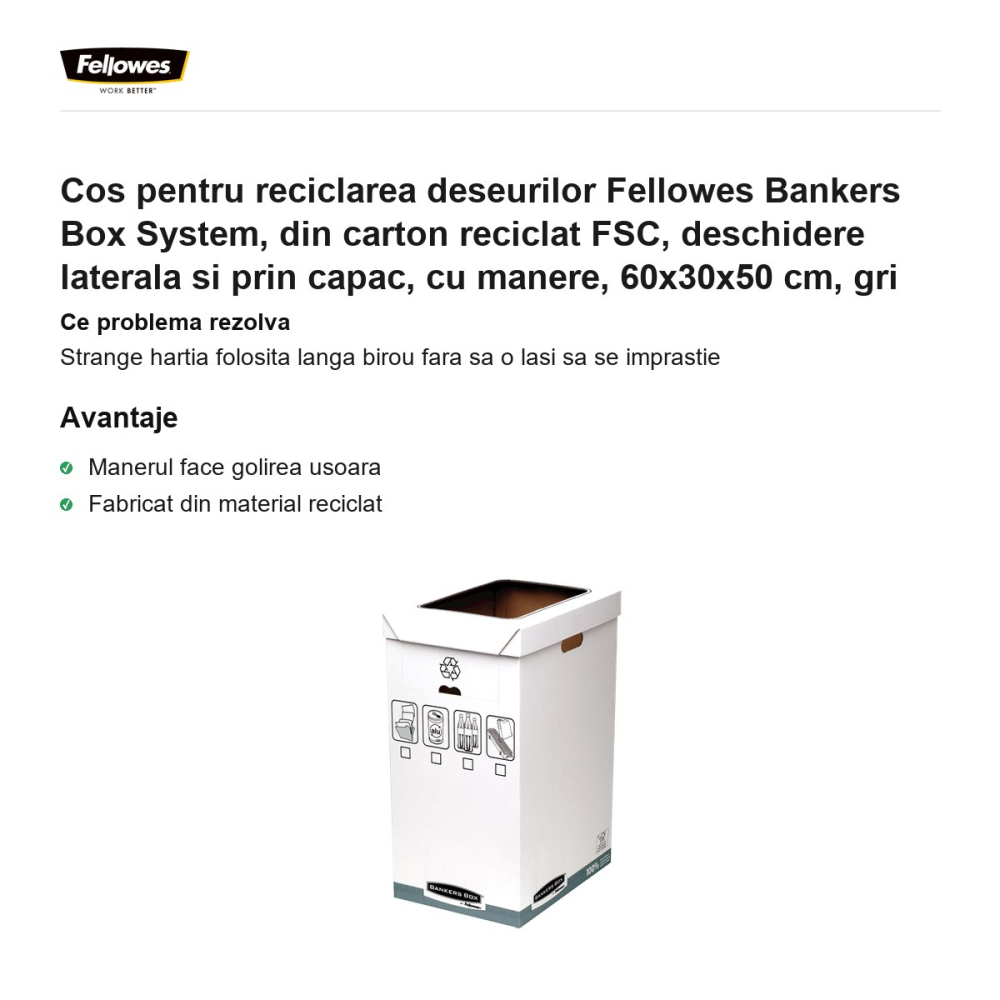 Cos pentru reciclarea deseurilor Fellowes Bankers Box System, din carton reciclat FSC, deschidere laterala si prin capac, cu manere, 60x30x50 cm, gri [2]