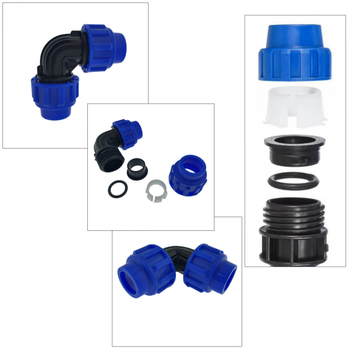 Cot racord hidraulic PEHD 20mm, conector 90 grade, piulita dubla, presiune 16 bar, pentru apa potabila si irigatii [6]