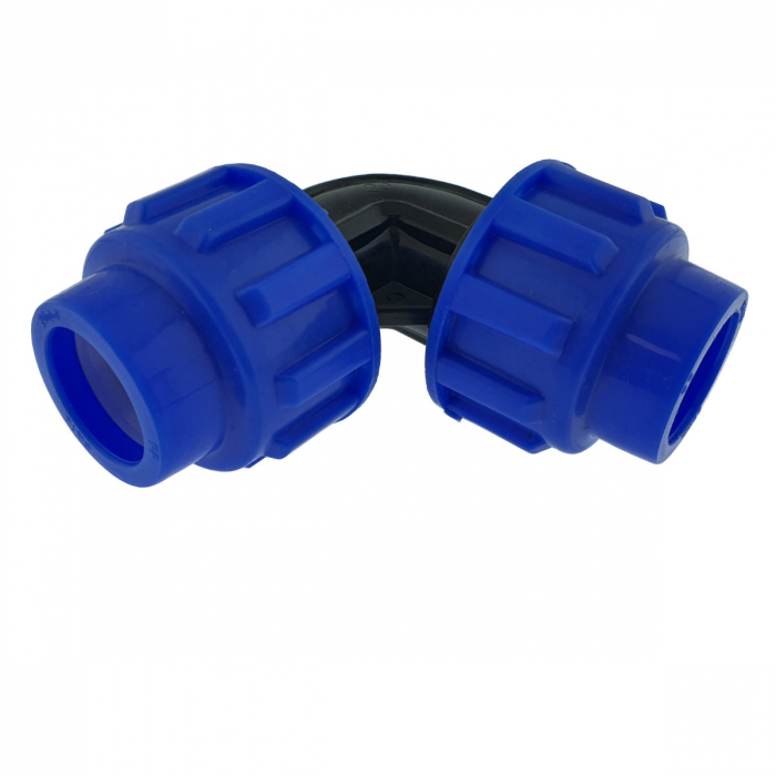 Cot racord hidraulic PEHD 20mm, conector 90 grade, piulita dubla, presiune 16 bar, pentru apa potabila si irigatii [2]