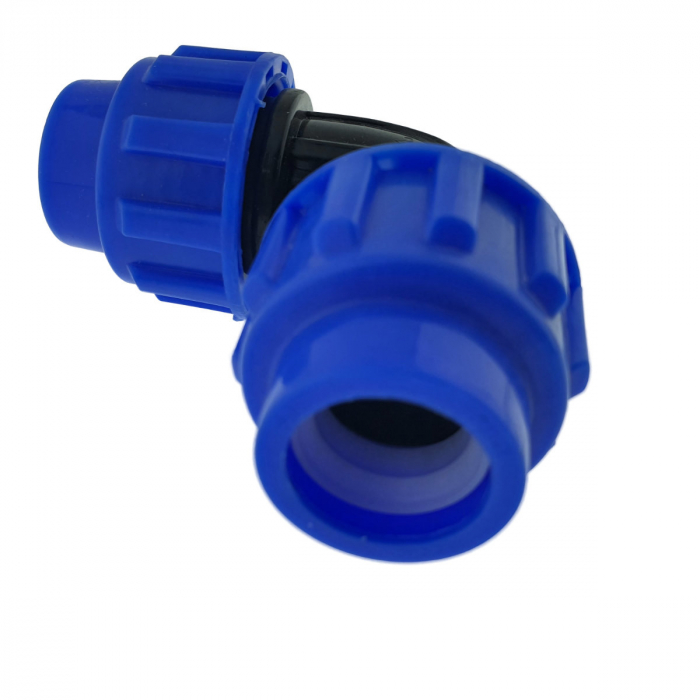 Cot racord hidraulic PEHD 20mm, conector 90 grade, piulita dubla, presiune 16 bar, pentru apa potabila si irigatii [5]