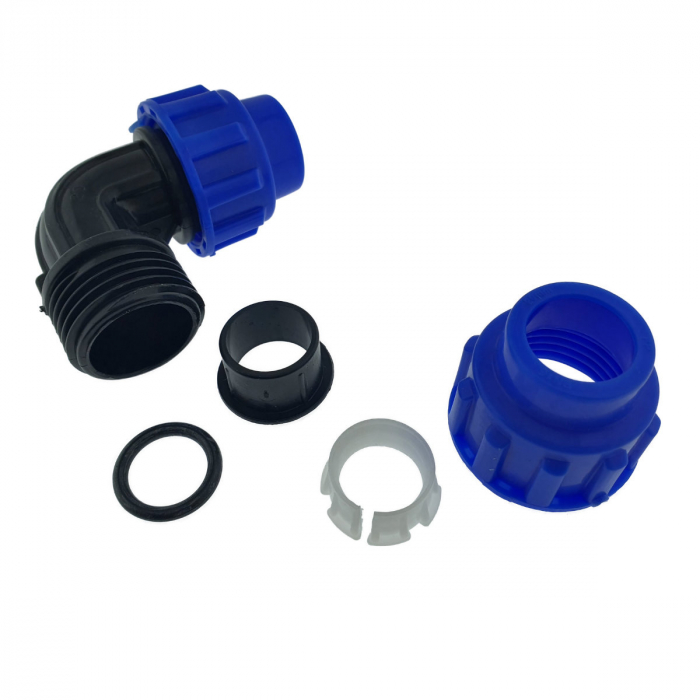 Cot racord hidraulic PEHD 20mm, conector 90 grade, piulita dubla, presiune 16 bar, pentru apa potabila si irigatii [4]