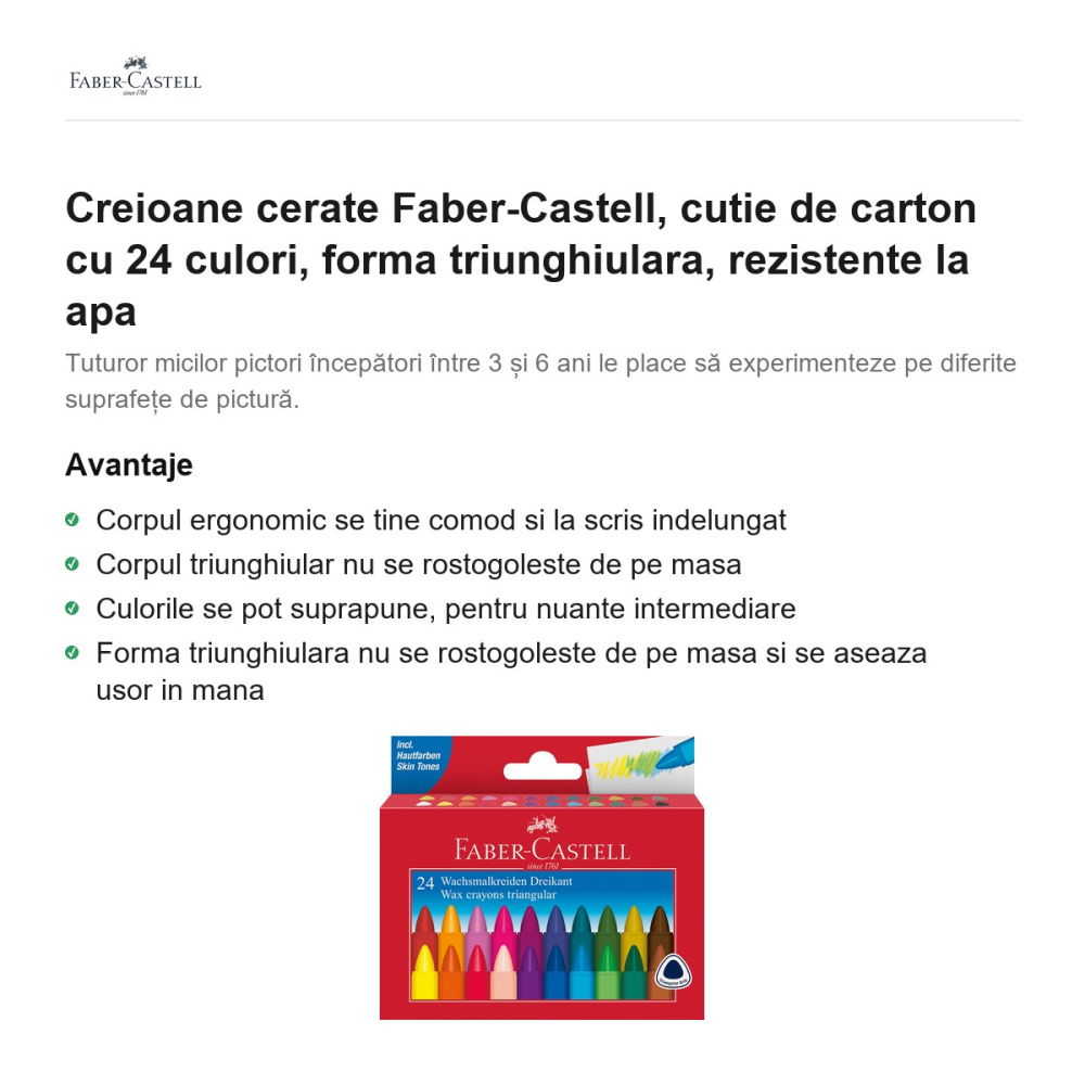 Creioane cerate Faber-Castell, cutie de carton cu 24 culori, forma triunghiulara, rezistente la apa [2]