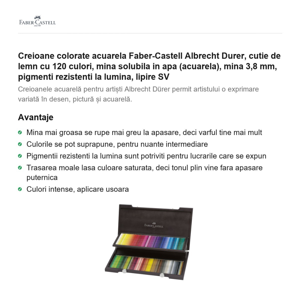Creioane colorate acuarela Faber-Castell Albrecht Durer, cutie de lemn cu 120 culori, mina solubila in apa (acuarela), mina 3,8 mm, pigmenti rezistenti la lumina, lipire SV [2]