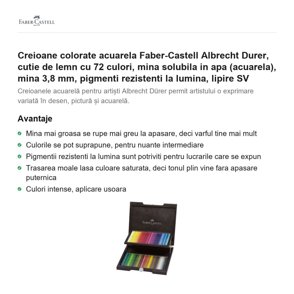 Creioane colorate acuarela Faber-Castell Albrecht Durer, cutie de lemn cu 72 culori, mina solubila in apa (acuarela), mina 3,8 mm, pigmenti rezistenti la lumina, lipire SV [2]