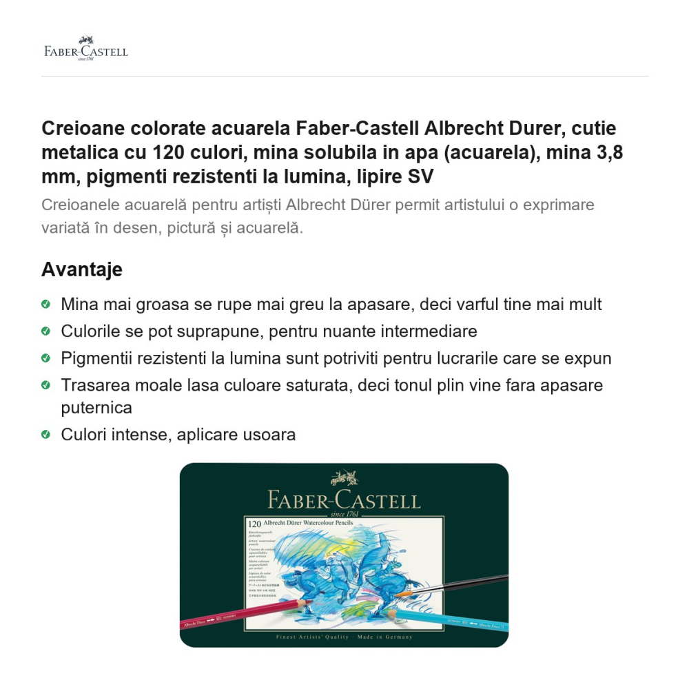 Creioane colorate acuarela Faber-Castell Albrecht Durer, cutie metalica cu 120 culori, mina solubila in apa (acuarela), mina 3,8 mm, pigmenti rezistenti la lumina, lipire SV [2]