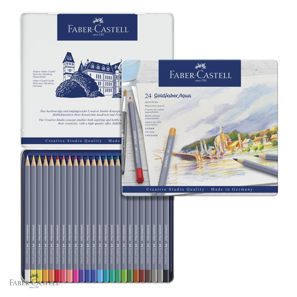 Creioane colorate acuarela Faber-Castell Goldfaber, 24 culori, cutie metalica, pentru tehnici mixte [4]