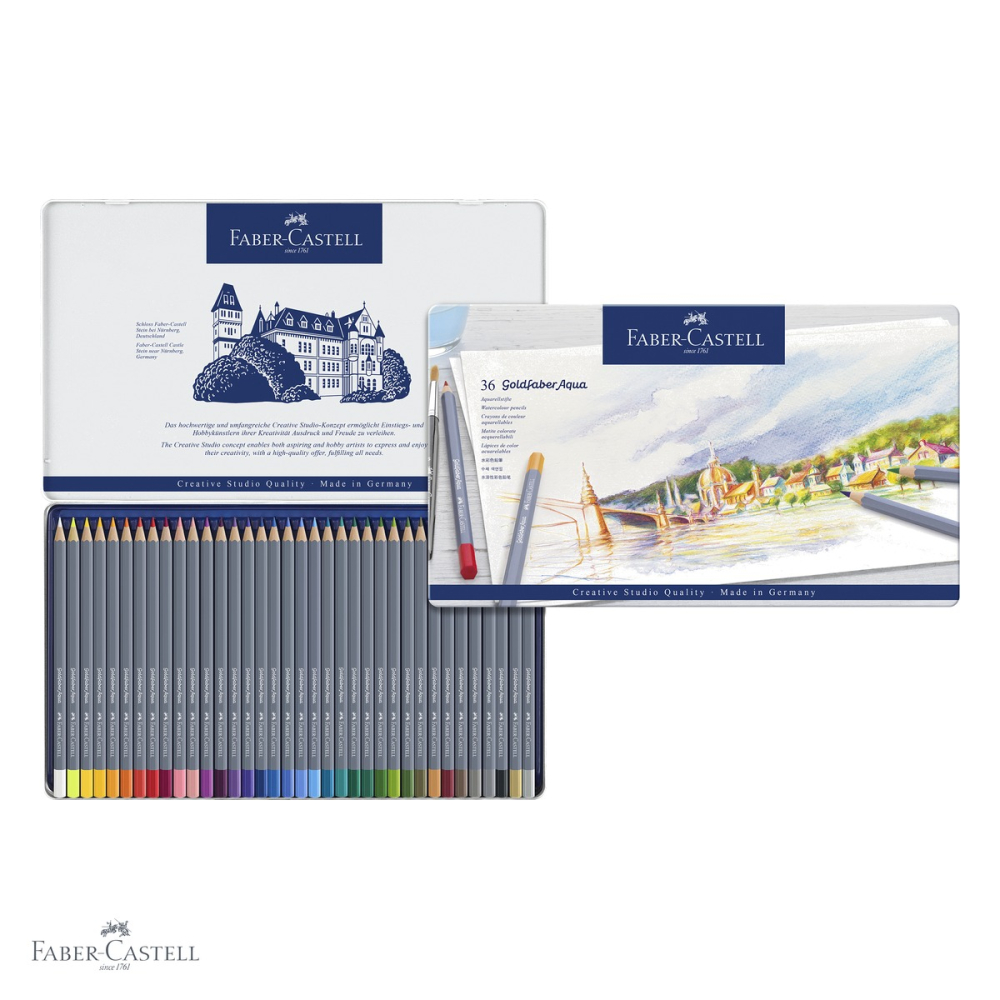 Creioane colorate acuarela Faber-Castell Goldfaber Aqua, 36 culori, cutie metal, pentru tehnici mixte [4]