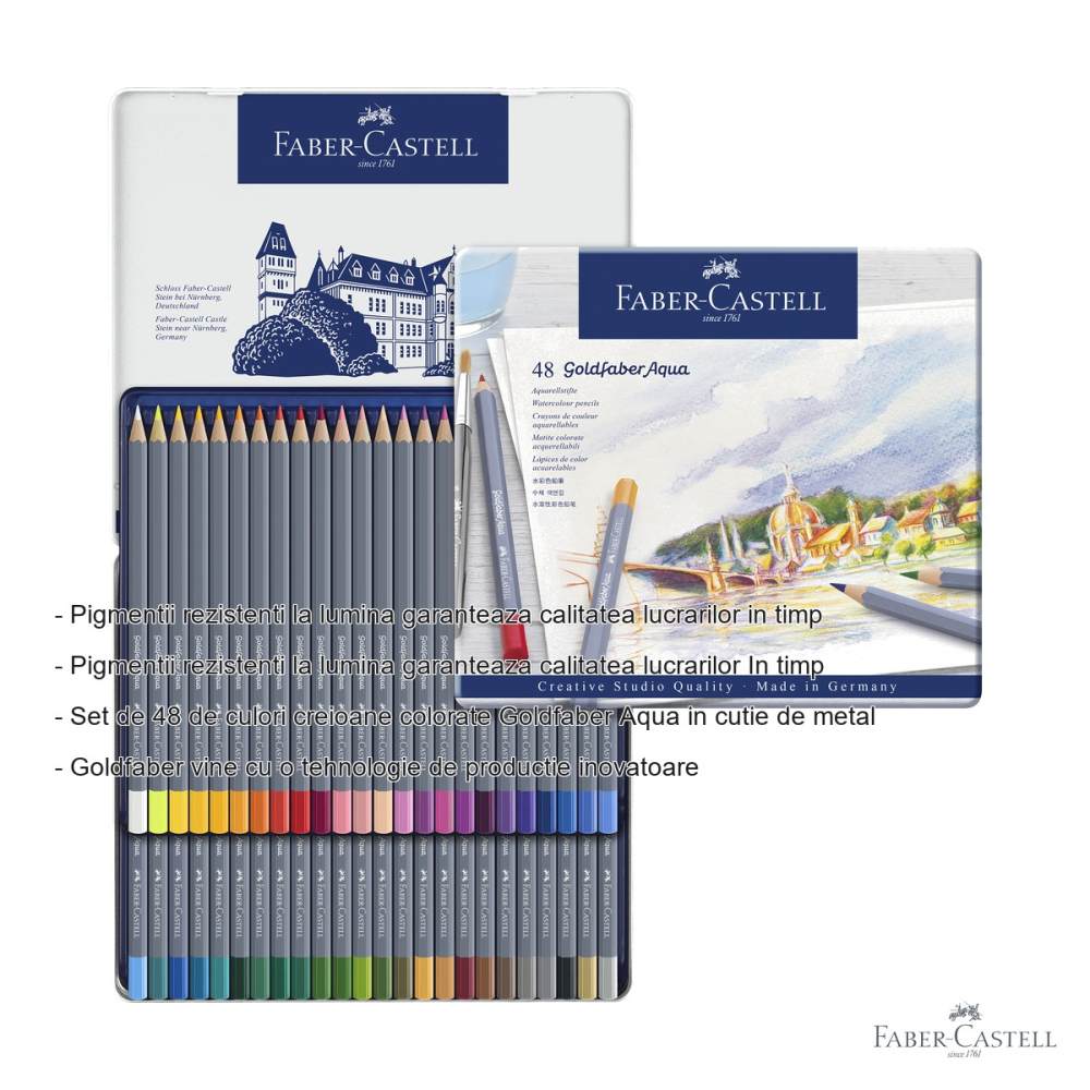 Creioane colorate acuarela Faber-Castell Goldfaber Aqua 48 culori, cutie metalica, pentru pictura si desen artistic [2]