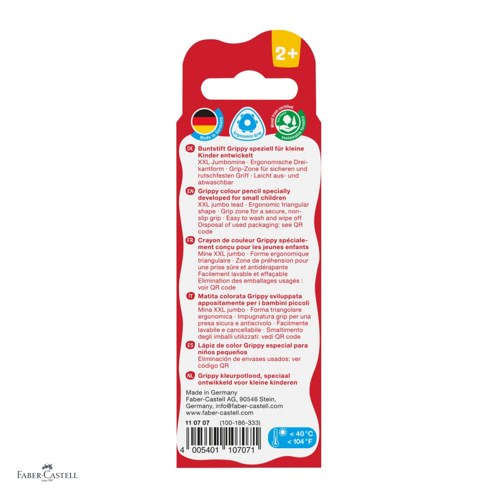 Creioane colorate Faber-Castell Grippy, 3 culori, culori de baza, 3 in 1: creion colorat, cerat si acuarela, mina XXL Jumbo, forma triunghiulara, zona Grip antiderapanta, se spala din textile [4]