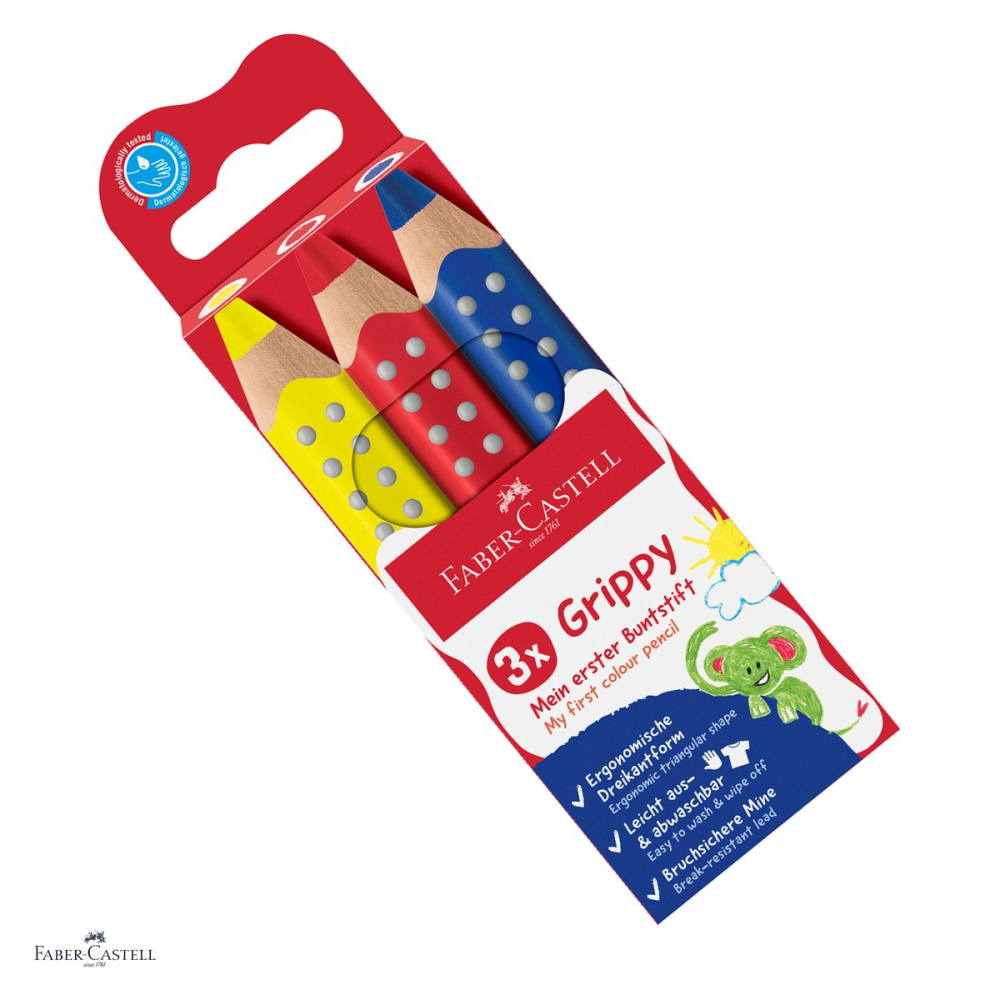 Creioane colorate Faber-Castell Grippy, 3 culori, culori de baza, 3 in 1: creion colorat, cerat si acuarela, mina XXL Jumbo, forma triunghiulara, zona Grip antiderapanta, se spala din textile [1]