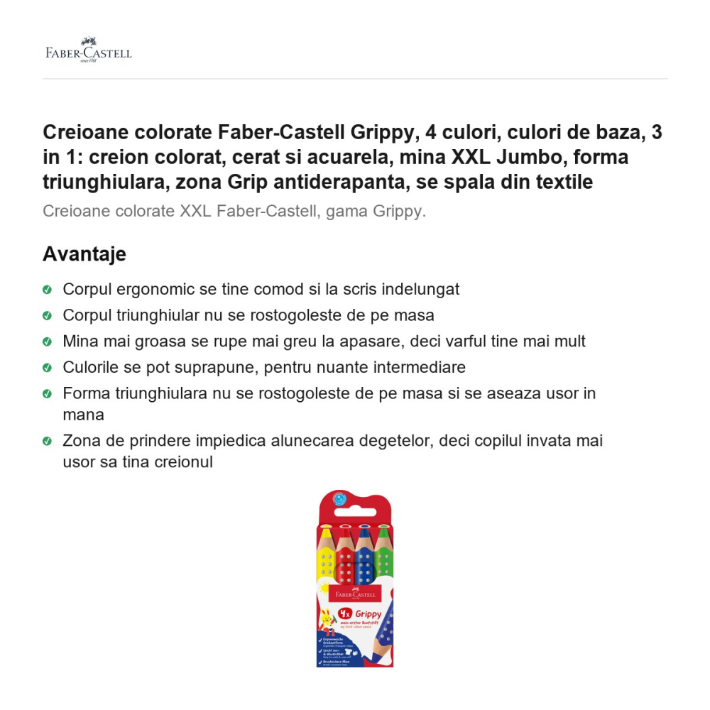 Creioane colorate Faber-Castell Grippy, 4 culori, culori de baza, 3 in 1: creion colorat, cerat si acuarela, mina XXL Jumbo, forma triunghiulara, zona Grip antiderapanta, se spala din textile [2]