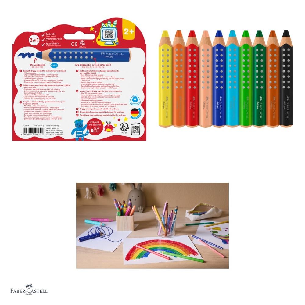 Creioane colorate Faber-Castell Grippy, set cu 10 culori, 3 in 1: creion colorat, cerat si acuarela, mina XXL Jumbo, pentru copii de la 2 ani, forma triunghiulara, zona Grip antiderapanta [4]