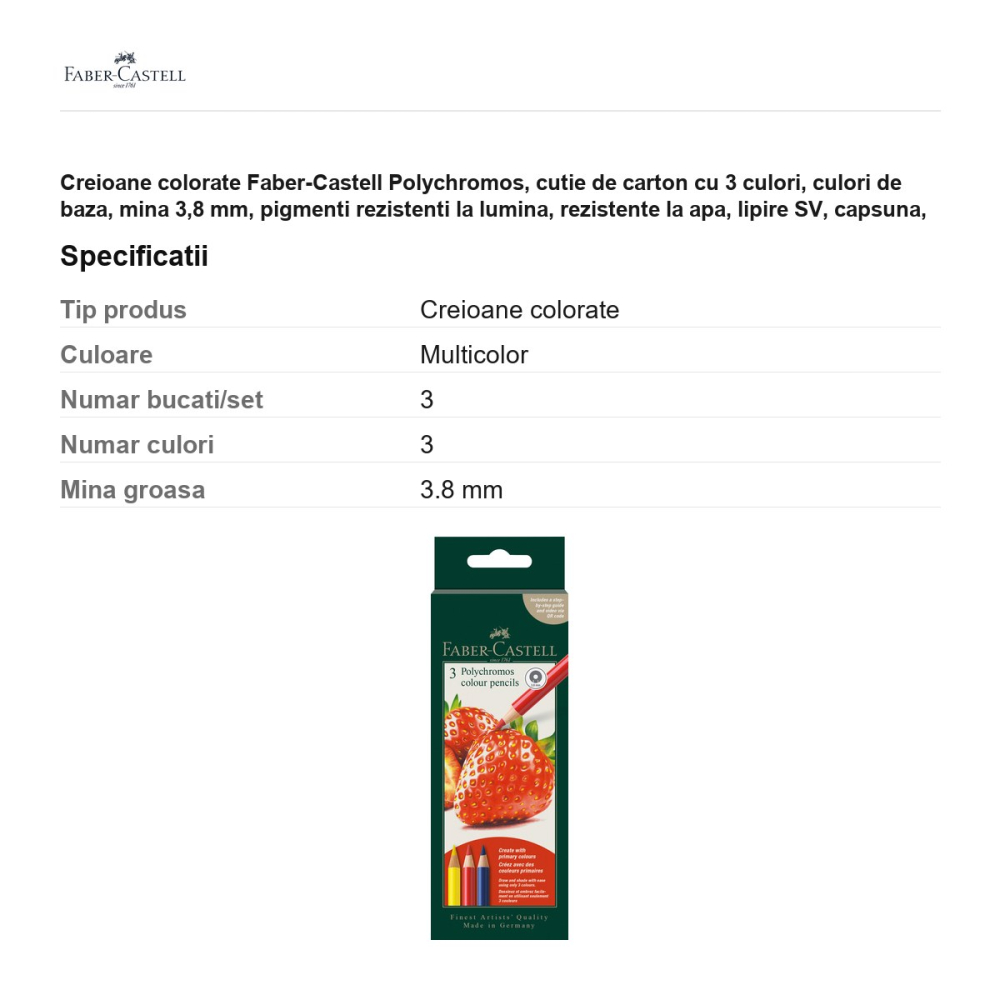 Creioane colorate Faber-Castell Polychromos, cutie de carton cu 3 culori, culori de baza, mina 3,8 mm, pigmenti rezistenti la lumina, rezistente la apa, lipire SV, capsuna, fara acizi [3]