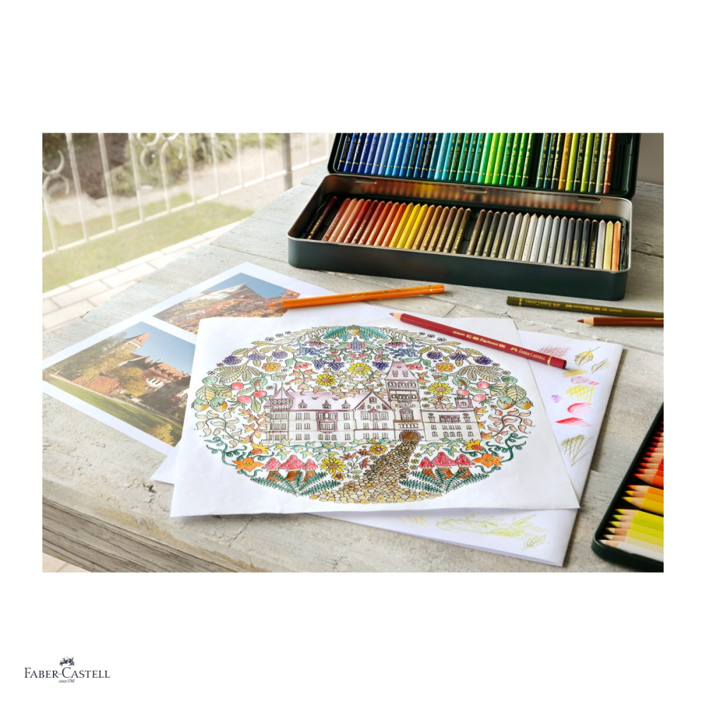 Creioane colorate Faber-Castell Polychromos, cutie metalica cu 120 culori, mina 3,8 mm, pigmenti rezistenti la lumina, rezistente la apa, lipire SV, fara acizi [5]