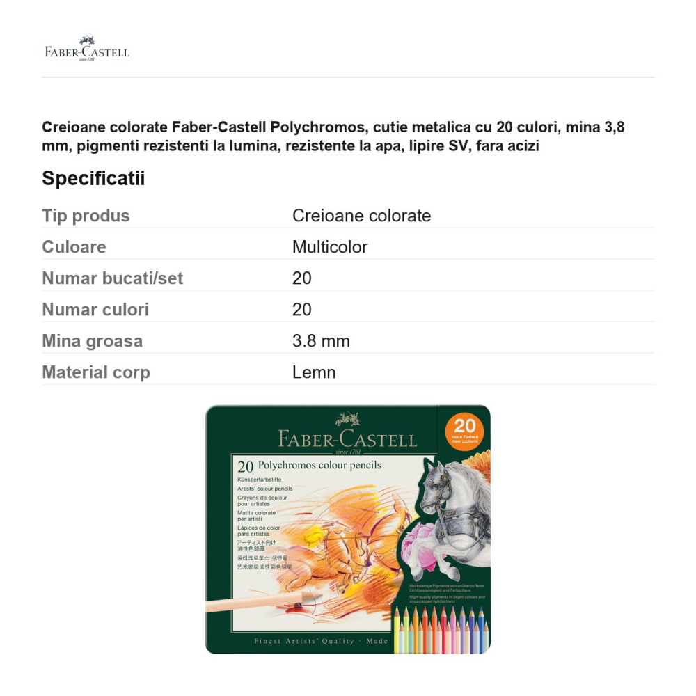 Creioane colorate Faber-Castell Polychromos, cutie metalica cu 20 culori, mina 3,8 mm, pigmenti rezistenti la lumina, rezistente la apa, lipire SV, fara acizi [3]