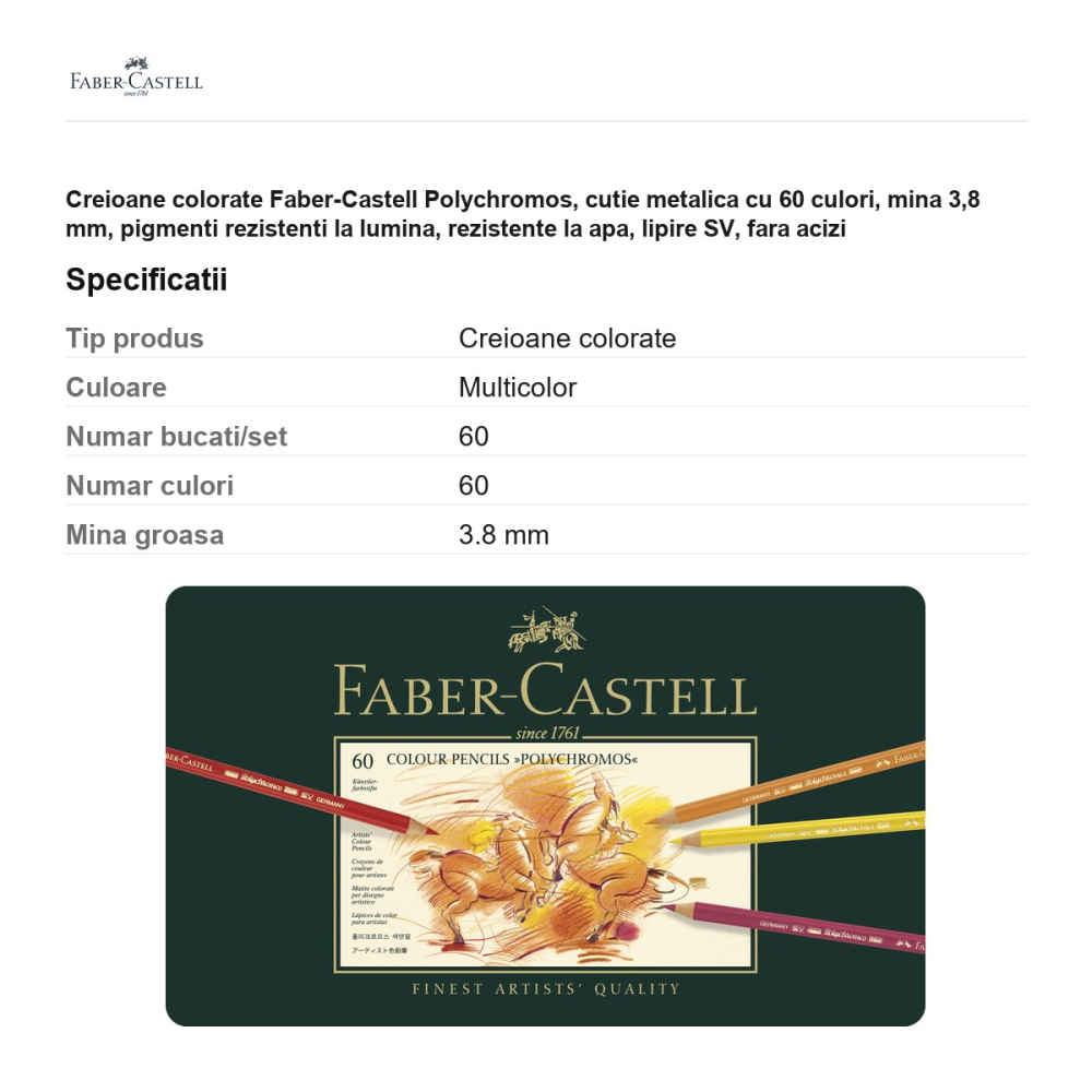 Creioane colorate Faber-Castell Polychromos, cutie metalica cu 60 culori, mina 3,8 mm, pigmenti rezistenti la lumina, rezistente la apa, lipire SV, fara acizi [3]