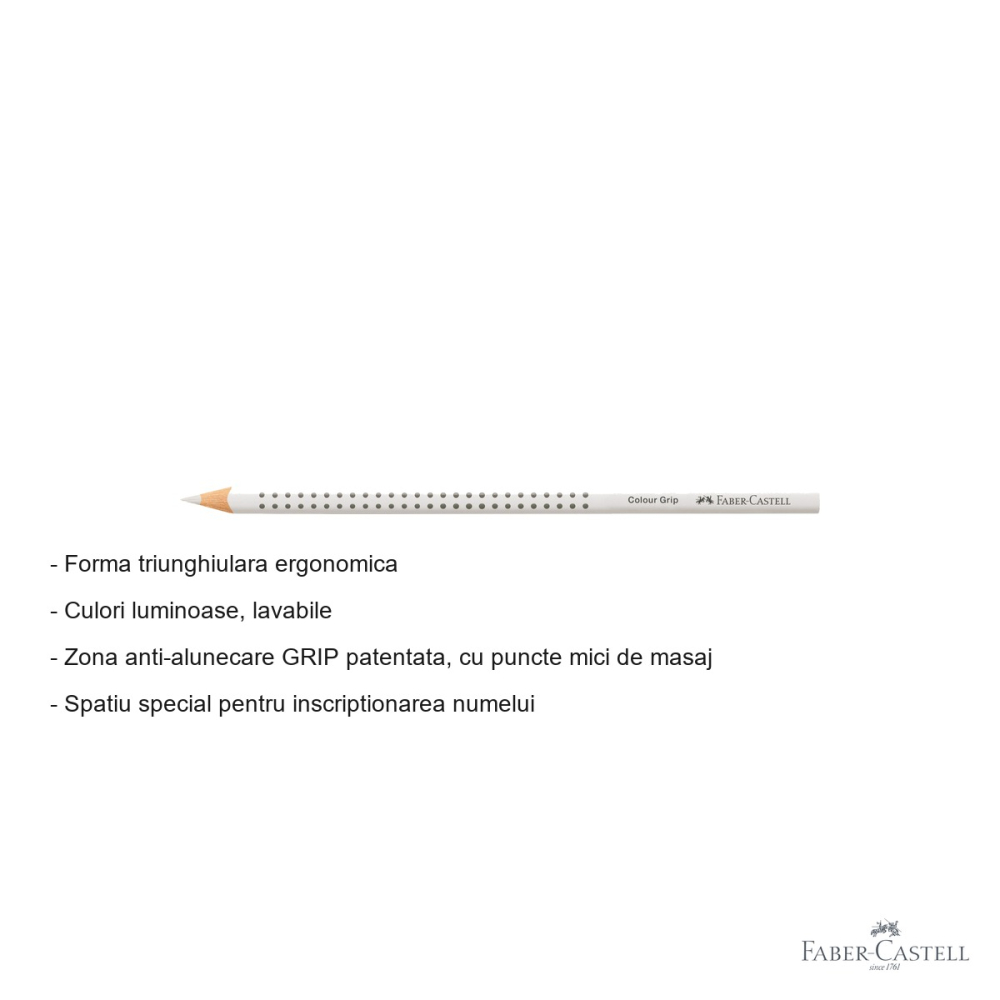 Creion colorat alb Faber-Castell Grip, forma triunghiulara ergonomica, pentru copii [2]