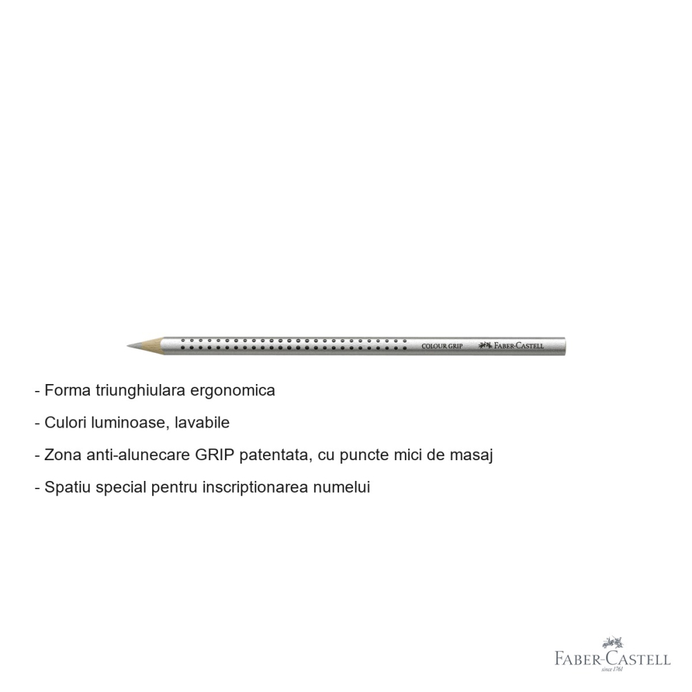 Creion colorat argintiu Faber-Castell Grip, forma triunghiulara ergonomica, pentru copii [2]