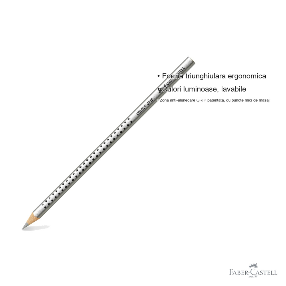 Creion colorat argintiu Faber-Castell Grip, forma triunghiulara ergonomica, pentru copii [3]