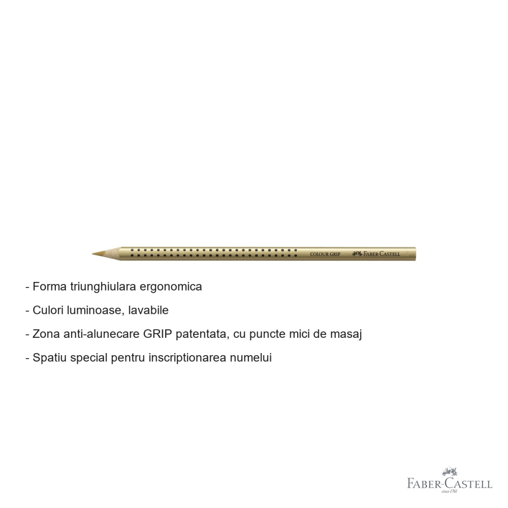 Creion colorat auriu Faber-Castell Grip, forma triunghiulara ergonomica, pentru copii [2]