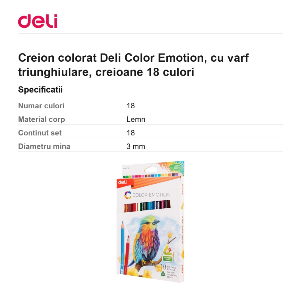 Creion colorat Deli Color Emotion, cu varf triunghiulare, creioane 18 culori [3]