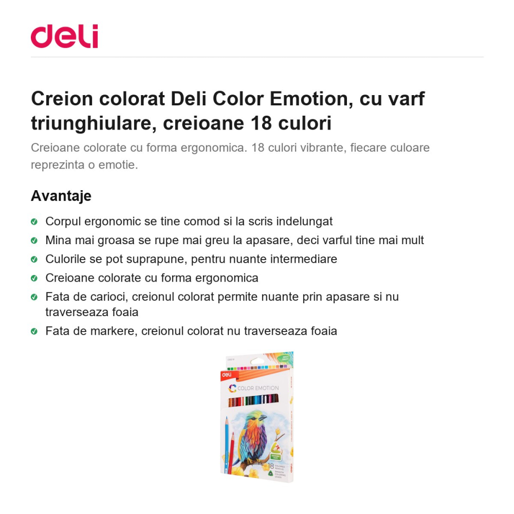 Creion colorat Deli Color Emotion, cu varf triunghiulare, creioane 18 culori [2]